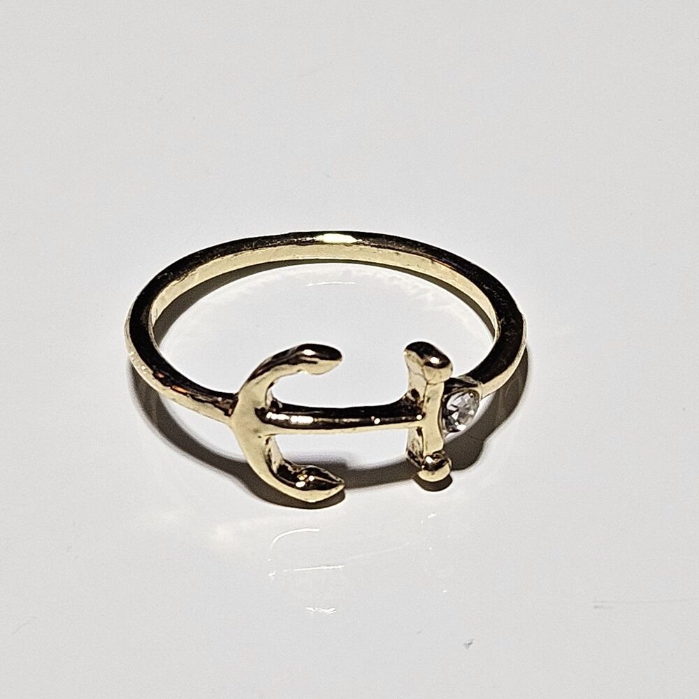 Gold Tone Dainty Anchor Ring With Clear Rhinestone Accent Size 6